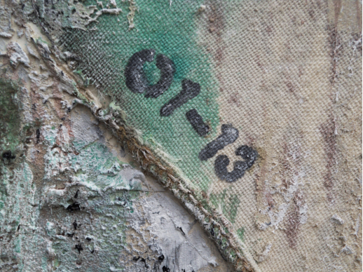 Grünspan (Detailaufnahme), 2013, Acryl, Seidenpapier, Sand und Jute auf Leinwand, 100x100 cm ©Heike Rieck 